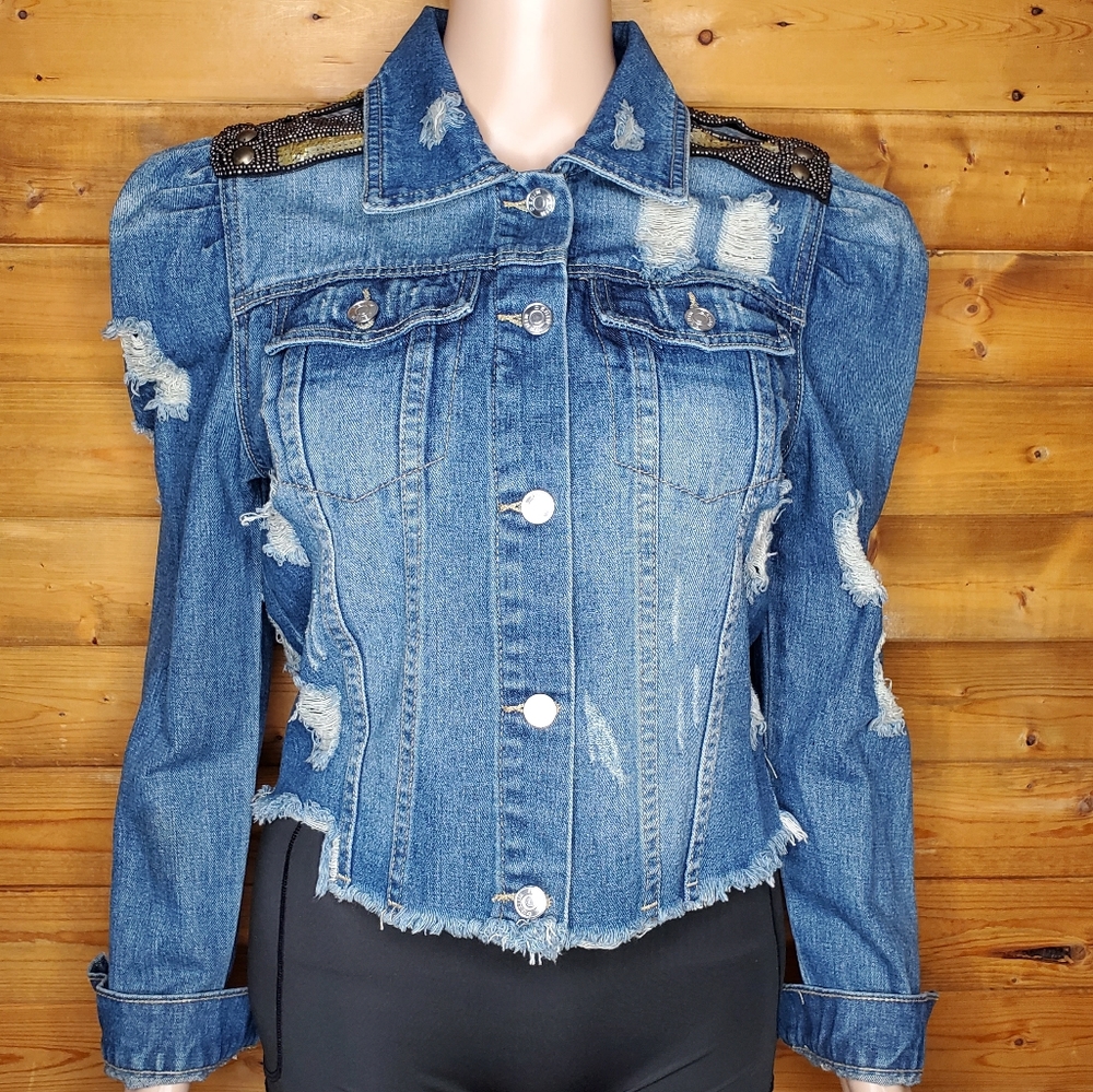 ❤️NWOT Denimland Distressed sequins rhinestone embroidered blue jacket S…